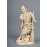 A Japanese carved ivory figure of a standing figure with a brush, Meiji period, base signed, 4.