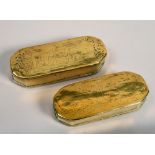 Two late 18c/early 19c Dutch brass tobacco boxes of rectangular form with cut off corners, one