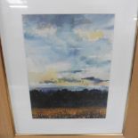 Rory J Browne - sunset at Hickling, Norfolk, watercolour, pen and ink, signed and titled, framed and