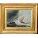 Van de Velde - sailing vessel in distress in rough water, oil on board, framed and glazed, 9.5in x