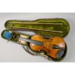 A Meinel & Hoffmann Dublin 1920 violin with two bows in case.