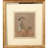 Bermo Fischer - seated girl, watercolour, signed, framed and glazed, 7.25in x 6in.