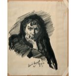 Frank Bennett - portrait of a lady wearing a shawl, pen and ink, signed and dated 23, unframed, 7.