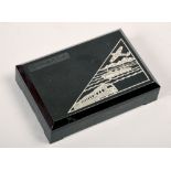 A 1930's black plastic timbres stamp box of rectangular form with lift off cover and fitted