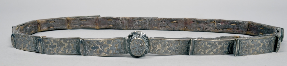 A Caucasian Russian silver niello applied leather belt, 32.5in l.