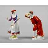 A pair of 20c Meissen figures from the Comedia Dell Arte being Pantalone and Columbine, crossed