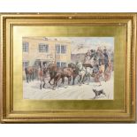 WI Hodgson - arrival of the coach at the Pigeon Pie Inn, watercolour, signed, framed and glazed,