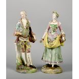 A pair of 18c Meissen figures of flower sellers on circular mound bases applied with flowers, both