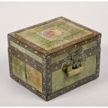 A 19c Korean/Chinese jewel casket, shargreen panelled within engraved brass applied panels, with a