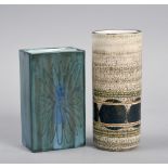 A small Troika cylinder vase by Louise Jinks, together with a rectangular vase with a glazed