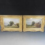 M M Jacobi - a pair, thatched cottages in rural landscapes, signed, oil on board, framed and glazed,