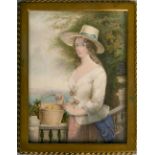 V.A Hogg - miniature of a lady in a wide brim hat with a basket of fruit, watercolour, framed and