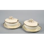 A pair of 18c Wedgwood creamware sauce tureens on fixed bases, the oval tureens and covers with