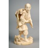 A Japanese carved ivory figure of a gentleman with monkey on his back accompanied by a dog, Meiji