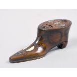 A 19c rosewood shoe snuff with pinned mother of pearl and bone decoration, a/f, 4in l.