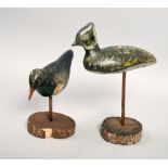 Two painted carved wood bird decoys on stands, each 10.5in l.