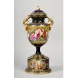 A 19c Vienna porcelain two handled vase and cover , the tooled gilt central band painted with