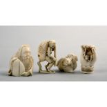 Four carved ivory netsukes including Jurojin, figure carrying a very large fish over the shoulder,