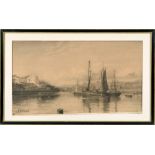 J Holland - fishing boats at anchor in the mouth of the river, signed, black chalk and colour