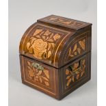 A 19c Dutch four bottle marquetry tantalus with hinge rising cover and side carrying handles and