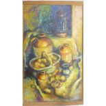 S**Lawer - Oil on board Still life of flagons and vegetables, signed,