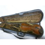 An old violin with 14" two-piece back bearing the label for Jacobus Stainer 1763 in fitted case