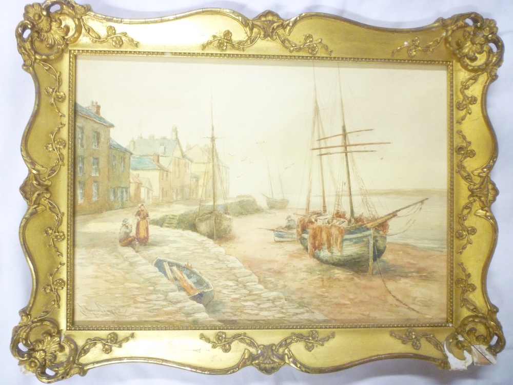 L**Mortimer - watercolour Harbour scene with fishing boats, signed,