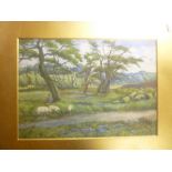 T**G**Lees - watercolour Shepherd with sheep on a Country path, signed and dated 1921,