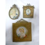 Three various miniature portraits depicting females including circular miniature female bust