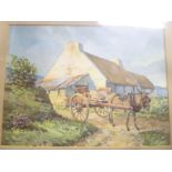 Sean O'Connor - watercolour Rural cottages with donkey and cart, signed,