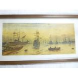 J**Jones - watercolour Naive view of shipping in a harbour, signed,