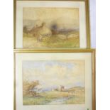 J**W**Hattersley - watercolours Rural scene with figures harvesting "The last load" and "Cottage