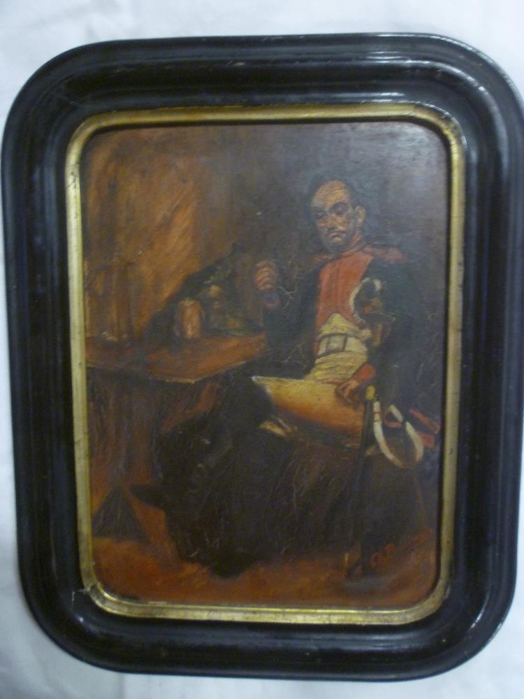 Artist unknown - Oil on board Portrait of a seated French Cavalry Officer, indistinctly signed,