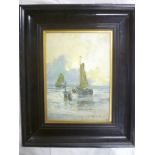 P**Van Huls - oil on board Dutch barges with figures on the shoreline, signed,