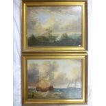 19th Century Dutch School - oils on boards Sailing ships off the coast and shipping in a high sea,