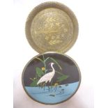 A Japanese Cloisonne enamelled circular plaque with stork decoration on blue and black ground,