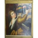 Artist Unknown - oil on canvas Half lenght portrait of a female holding a bowl of fruit and