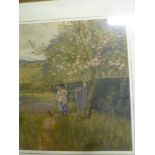 F**McFadden - watercolour Farmyard scene with girl feeding hen and chicks, signed,