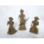 Three tribal bronze figures including a standing warrior figure 8½" high and two smaller seated