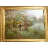 G**Collins - oil on canvas Lake scene with mother, child and sheep in the foreground, signed,