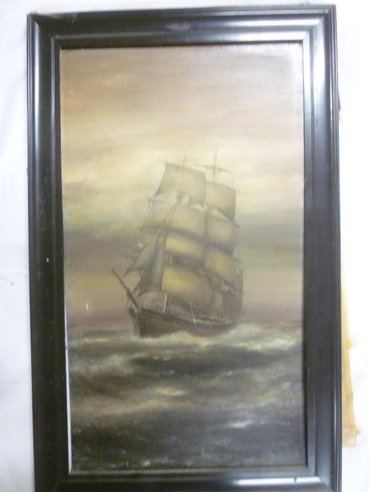 J**West - oil on board Three masted sailing vessel at sea, signed,