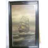 J**West - oil on board Three masted sailing vessel at sea, signed,