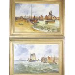 V**Edmunds - oils on canvases "Boats off to sea Lowestoft" and coastal scene with fishing boats,
