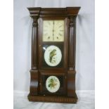 A 19th Century American wall clock with painted square dial in polished mahogany rectangular case
