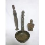 Three African tribal carved wood figures and an Eastern lacquered circular pedestal bowl (4)