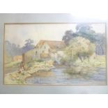 Frank Duffield - watercolour A riverside mill with figures in the foreground, signed,