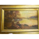 Butterworth - oil on canvas Estuary scene with two females in the foreground, signed,