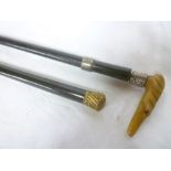 A gentleman's ebonised walking stick with silver ferrule and carved horn dog's head handle and one