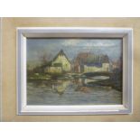 W**Wirth - oil on canvas Town scene with bridge and river in the foreground, signed,