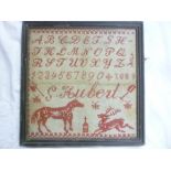 A Victorian needlework square sampler depicting animals,